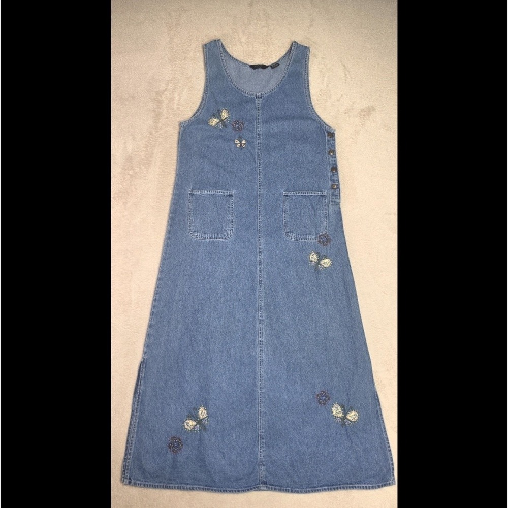 Vtg Agapo Cottage Denim Jumper Dress M Embroidered Beaded Butterfly Flower 90s